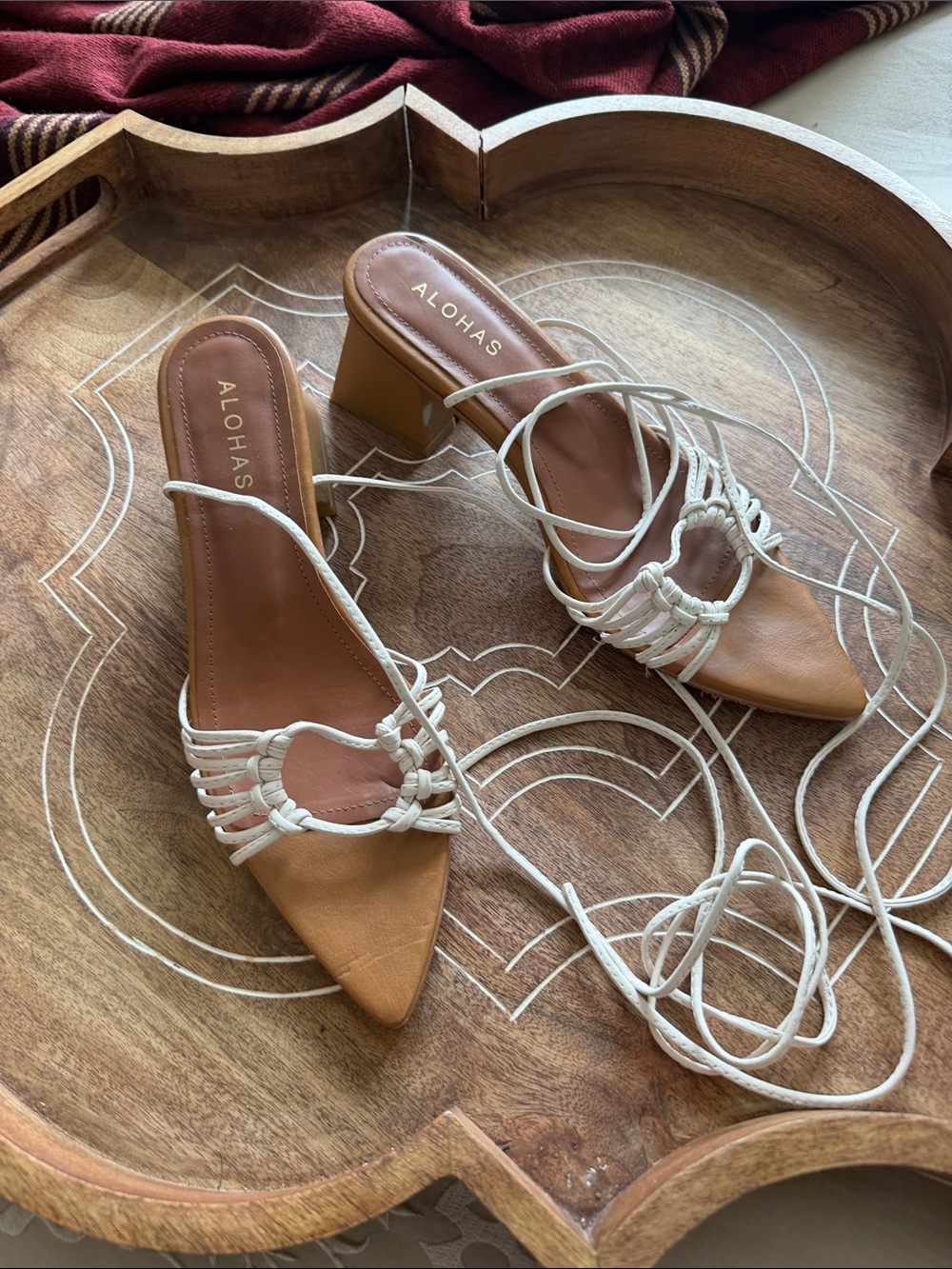 ALOHAS Tan Mule with White Braided Straps and ankle wrap
